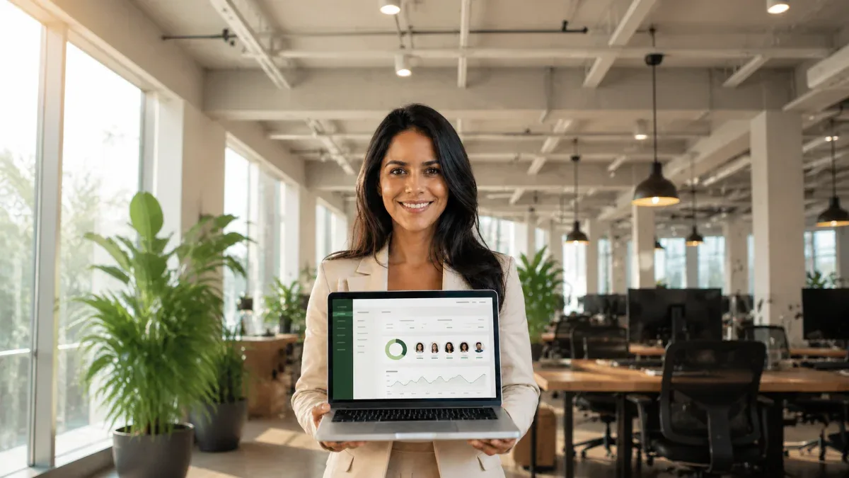 Profissional segurando notebook com dashboard